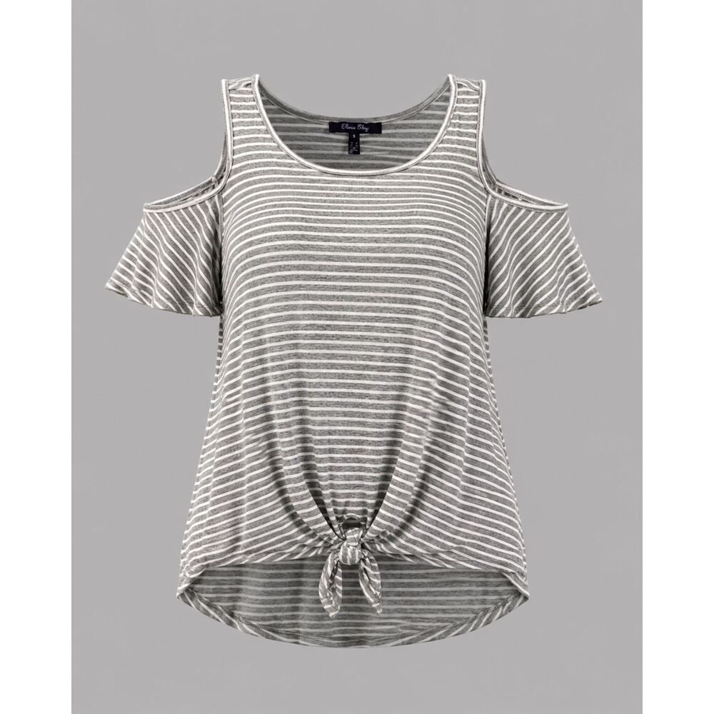 Olivia Sky Gray White Striped Cold Shoulder Tie Front Top Size S 3173
